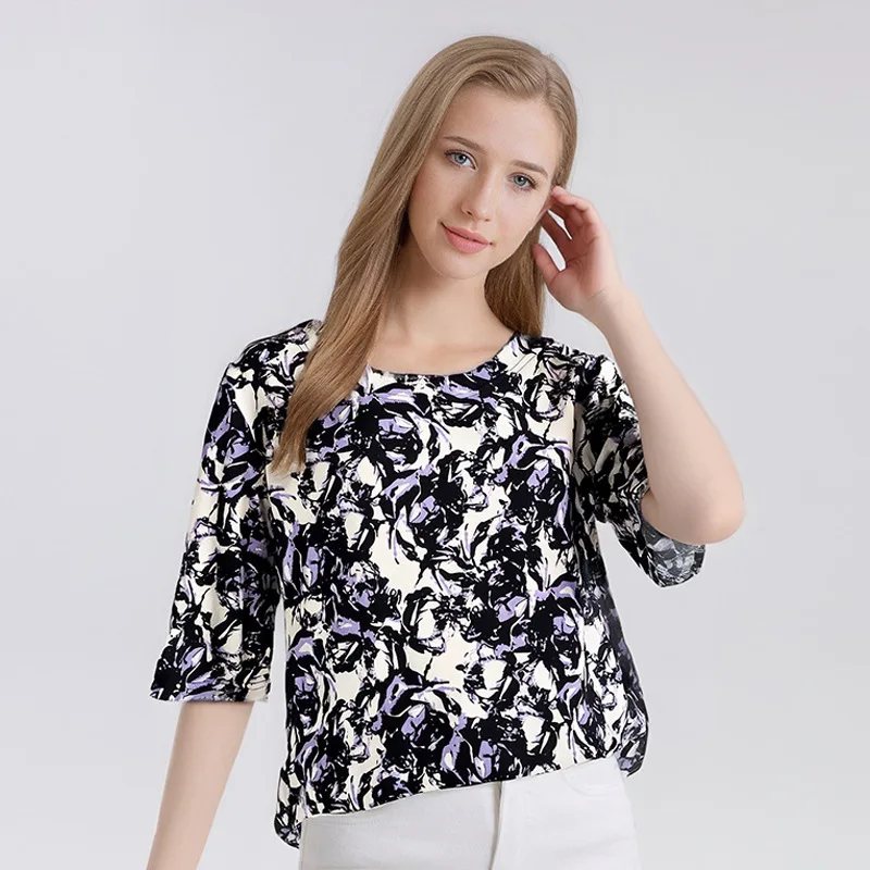 MadBlack-25%Silk 75%Viscose Elegant Knit T-Shirt, O Neck Print, Women Fashion Casual Thin Loose Top, 2026 Summer New T64913CC