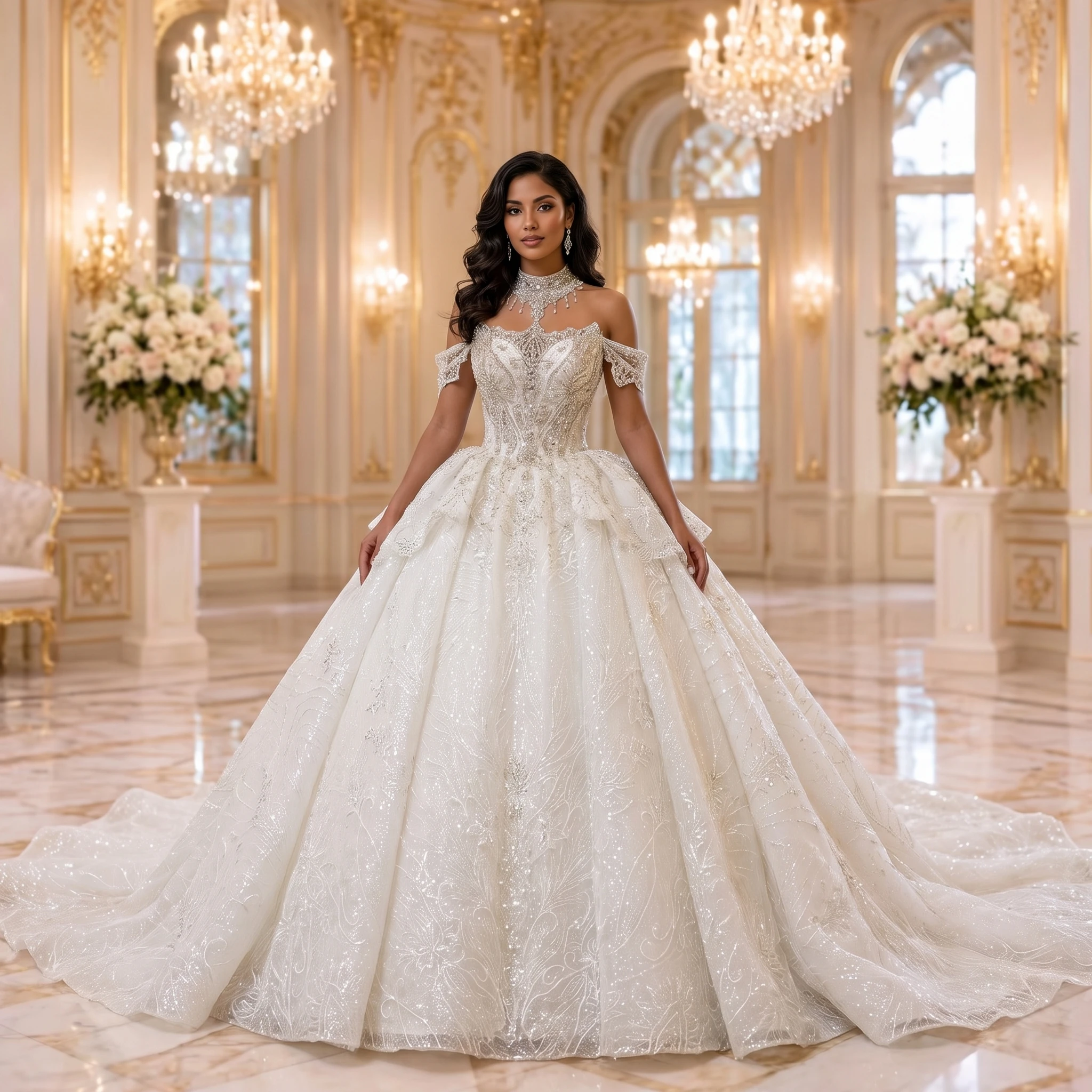 Bridal Dress Sparkly Sequins Pearls Wedding Gown Ball Gown Scoop Cap Sleeve Lace Up Back Bride Robe Customized Vestido De Novia