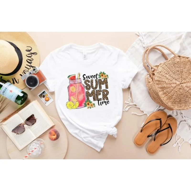 Sweet Summer Time T Shirt Women Watermelon Lemonade Drink Print Summer Casual Tops Streetwear Daily Wear Fashion Vacation Top
