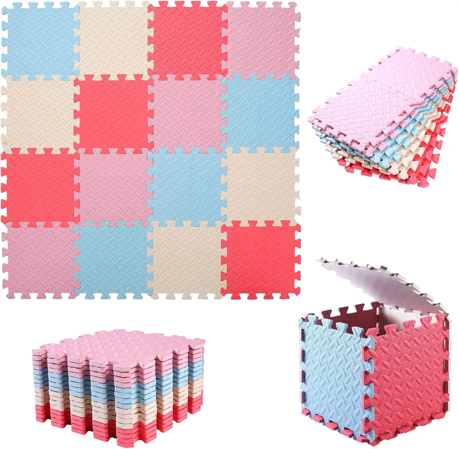 16 Tiles Foam Play Mat, 0.4 Inch Thicked Interlocking Floor Mats with Solid Colors, Squares Baby Play Mat, EVA Foam Puzzle Floor