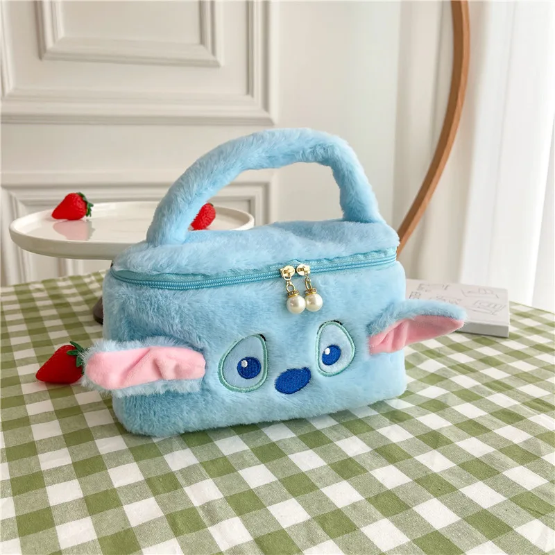 Disney Stitch Women\'s Makeup Bag Girl Cartoon Cute Plush Strawberry Bear Handbag Makeup Bag Large Capacity Zipper Storage Bag