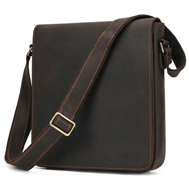 Crazy Horse Leather Men Messenge Bag Vintage Business Crossbody Shoulder Bags Flap Small Handbags for 12