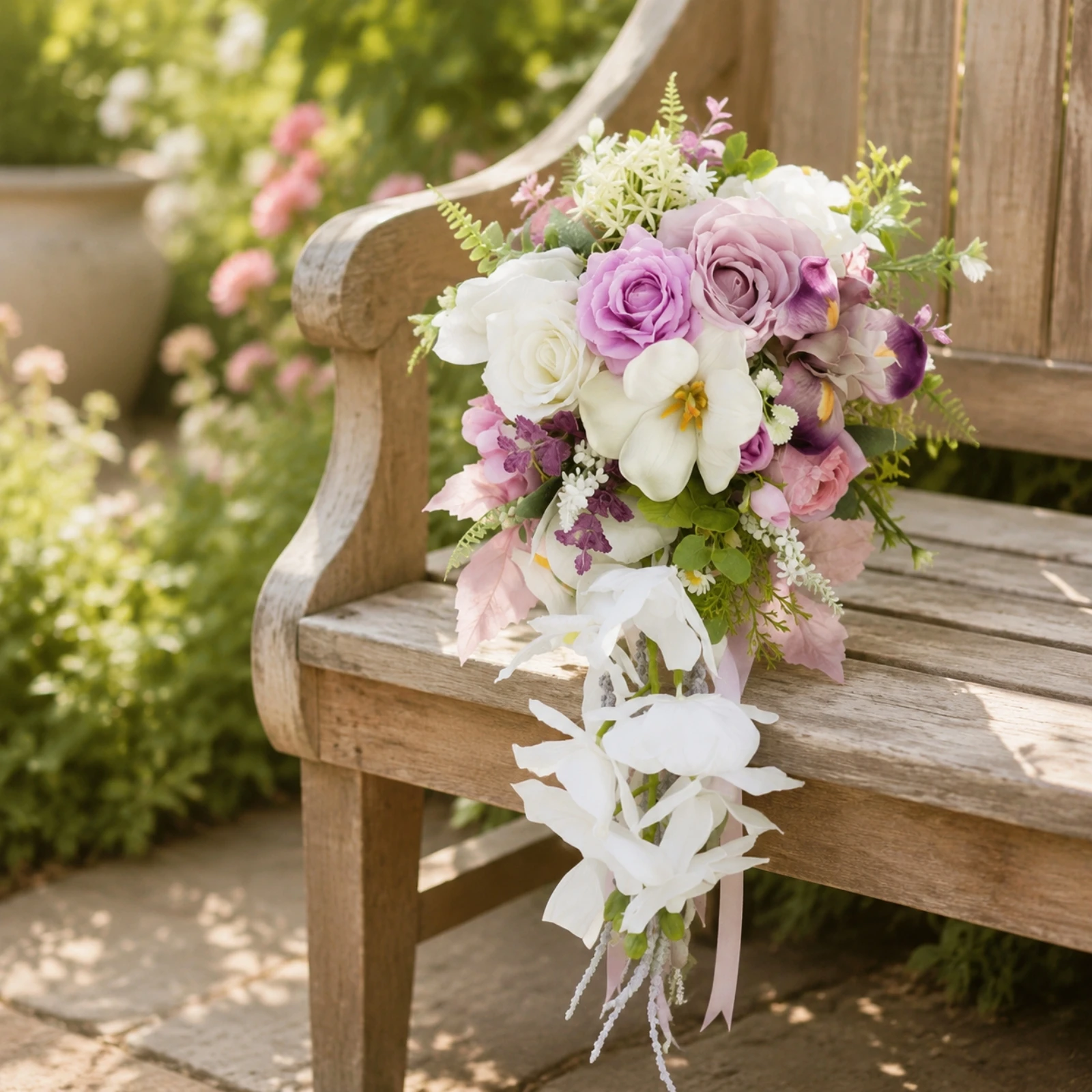 Artificial Cascading Bouquet with Greenery Romantic Trailing Bridal Bouquet with Satin Ribbon Full Keepsake for Brides