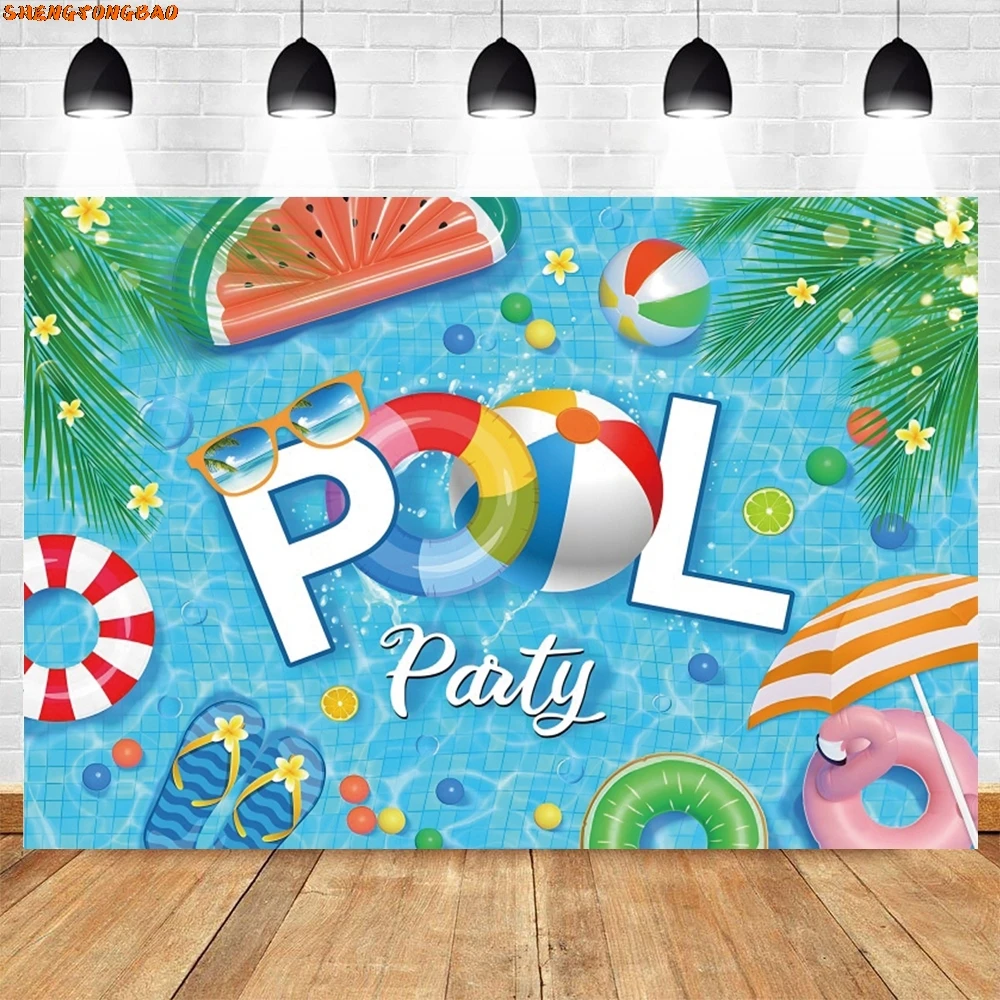 خلفية حفلة حمام السباحة هاواي الاستوائية الصيف كرات الشاطئ شجرة النخيل فلامنغو الاطفال عيد ميلاد التصوير خلفية استوديو الصور