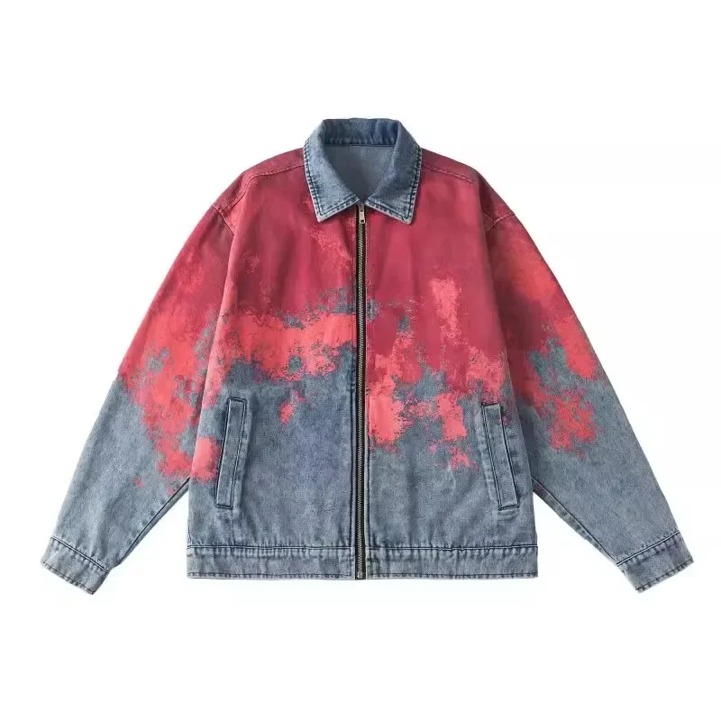 Jesień Kobiety Vintage Loose Tie Dye Gradient Denim Coat Female Casual Blue Trendy Niche Jeans Jacket Odzież wierzchnia Streetwear 3XL