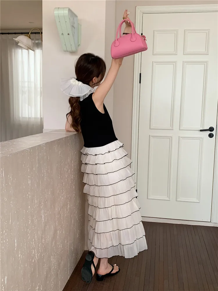 Coreano retro cor contraste babados em camadas bolo vestido o pescoço falso 2 peça sem mangas de malha retalhos tanque colete vestido vestidos