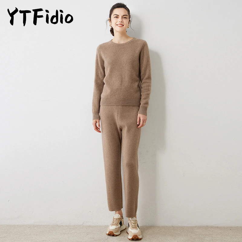 YTFidio 100% Cashmere Women O-neck Causal Sweaters Solid Knit Tops Pullovers Jumpers Soft Warm Streetwear Girl 32