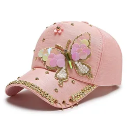 Sequin Baseball Cap for Women Butterfly Kpop Shiny Peaked Caps Summer Mesh Adjustable Outdoor Travel Sunscreen Sun Hat Female