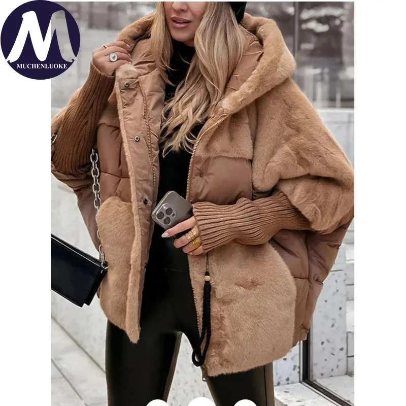 여성용 우아한 후드 겨울 재킷 두꺼운 보온 캐주얼 루즈 숏 파카 한국 패션 스플라이스 따뜻한 코트