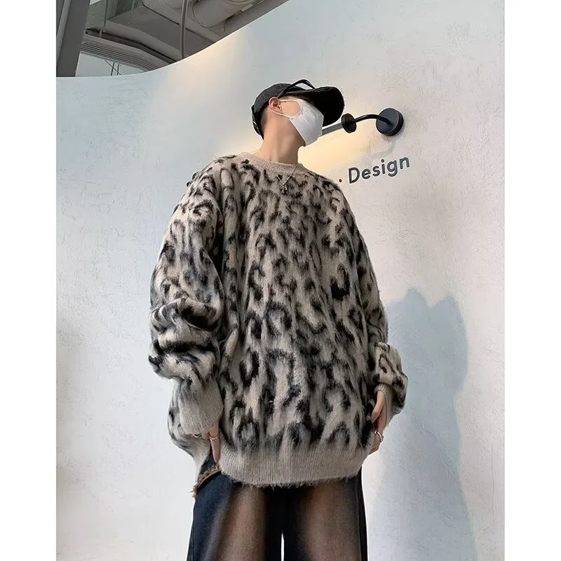 秋冬大きいサイズ250ポンドクリーンフィットレイジースタイルカラーブロックヒョウ柄ラウンドネックメンズニットウェア暖かさ快適なセーター