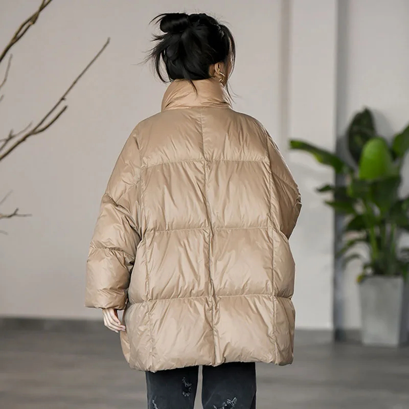 Neue Herbst-Winter-Damenjacke, Leichte Daunenjacke in Übergröße, Weißer Entendaunen-Mantel, Locker Geschnitten, Warm, Lässig, Dreiviertelärmel, Oberbekleidung