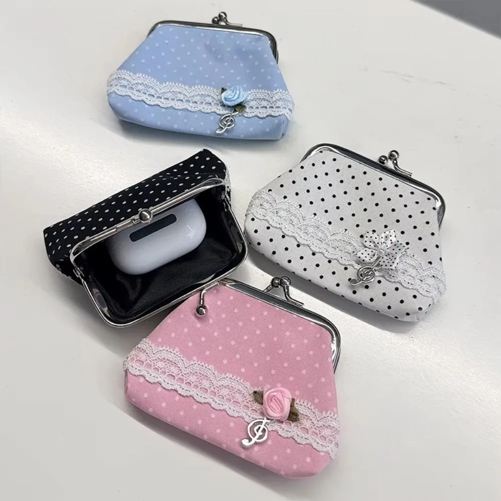 Fashion Handmade Lace Polka Dot Coin Purse Music Note Rose Pattern Kiss Lock Wallet Portable Vintage Earphone Bag Party