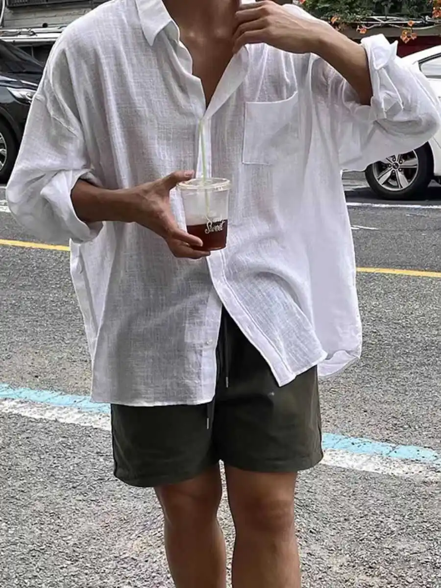 

Loose Fit Linen Sun Protection Shirt Men's Spring Autumn Long Sleeve Breathable Ice Silk Outerwear Shirt Youth Trend Summer