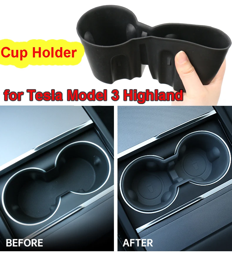 For Tesla Model 3 Highland 2024 Water Cup Holder Insert Center Console Organizer TPE Storage Box Model 3Highland Car Accessories