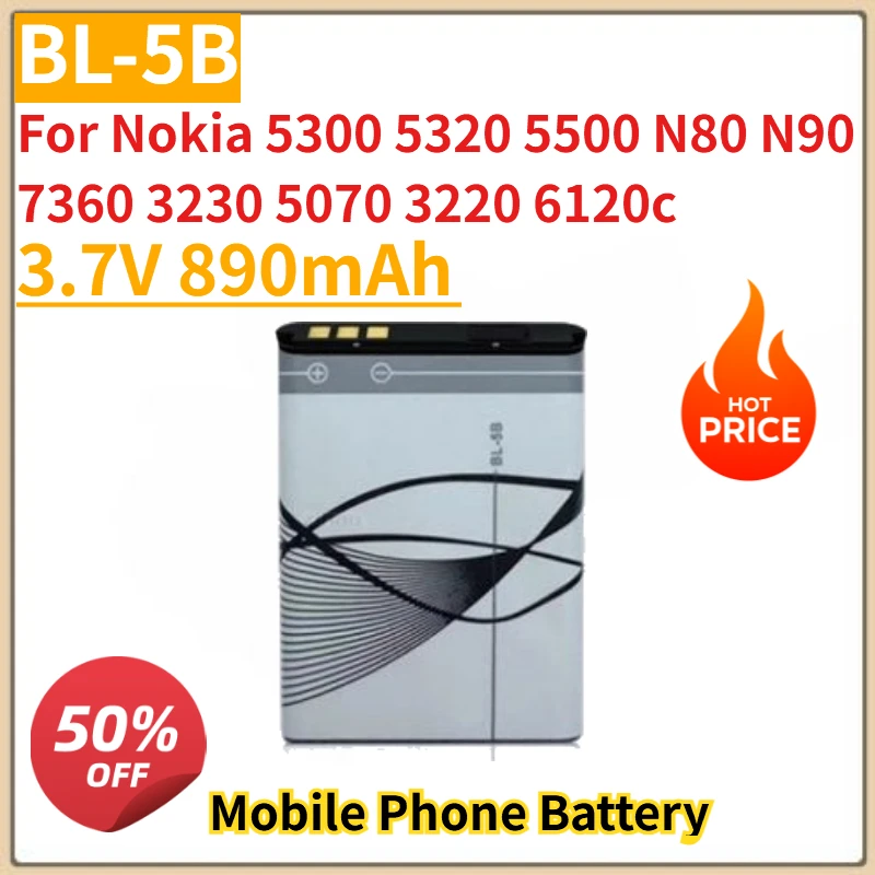 

New High Quality 3.7V 890mAh BL-5B Mobile Phone Battery for Nokia 5300 5320 5500 N80 N90 7360 3230 5070 3220 6120c