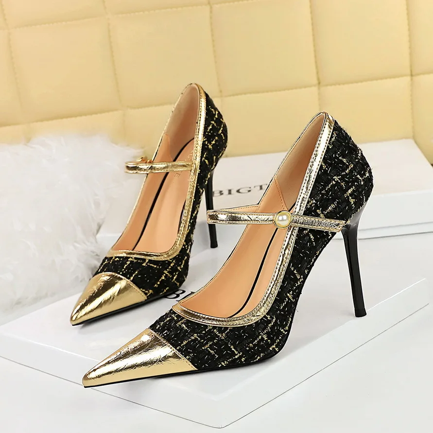 French style high heels slim heels light cut color blocking pointed fashionable women's shoes