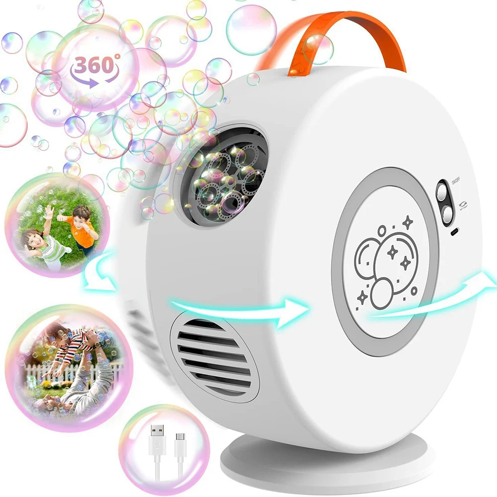 Bubble Machine For Kids , Rechargeable Bubbles Blower Maker For Outdoor , Automatic Rotating 90°&360° Bubble Toys Durable White