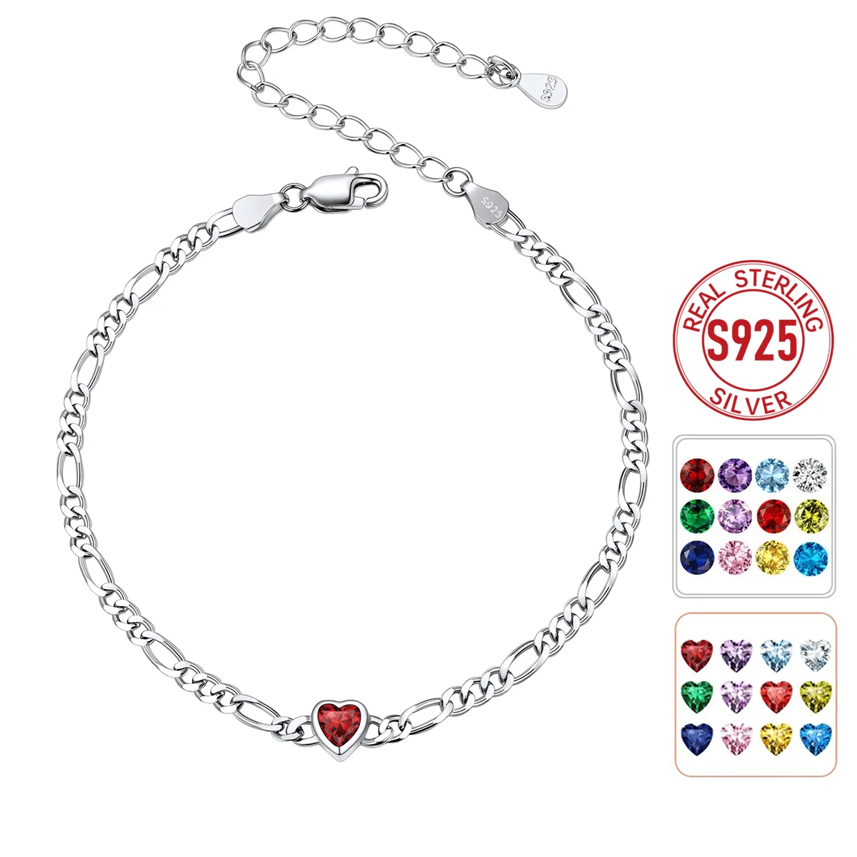 U7 925 Sterling Silver Figaro Chain Bracelets Anklet Round/Heart Birthstones 3mm 6.5/8.5 Inches Custom Birthday BFF Jewelry Gift