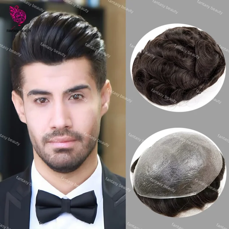 

0.04-0.05MM Microskin Black Brown Grey Hair Prosthesis Breathable pu base For Men 90%-100% density Natural Mens Hair System wigs
