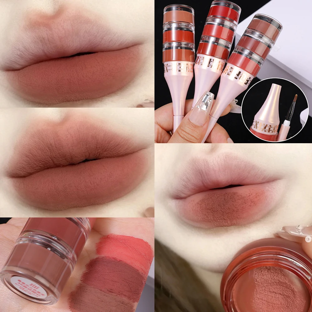 3 In 1 Matte Fluwelen Lip Modder Blush Waterdichte Mousse Ingeblikte Lippenstift Blijvende Nude Bruine Lippen Tint Modder Met Borstel Make-Up Cosmetica