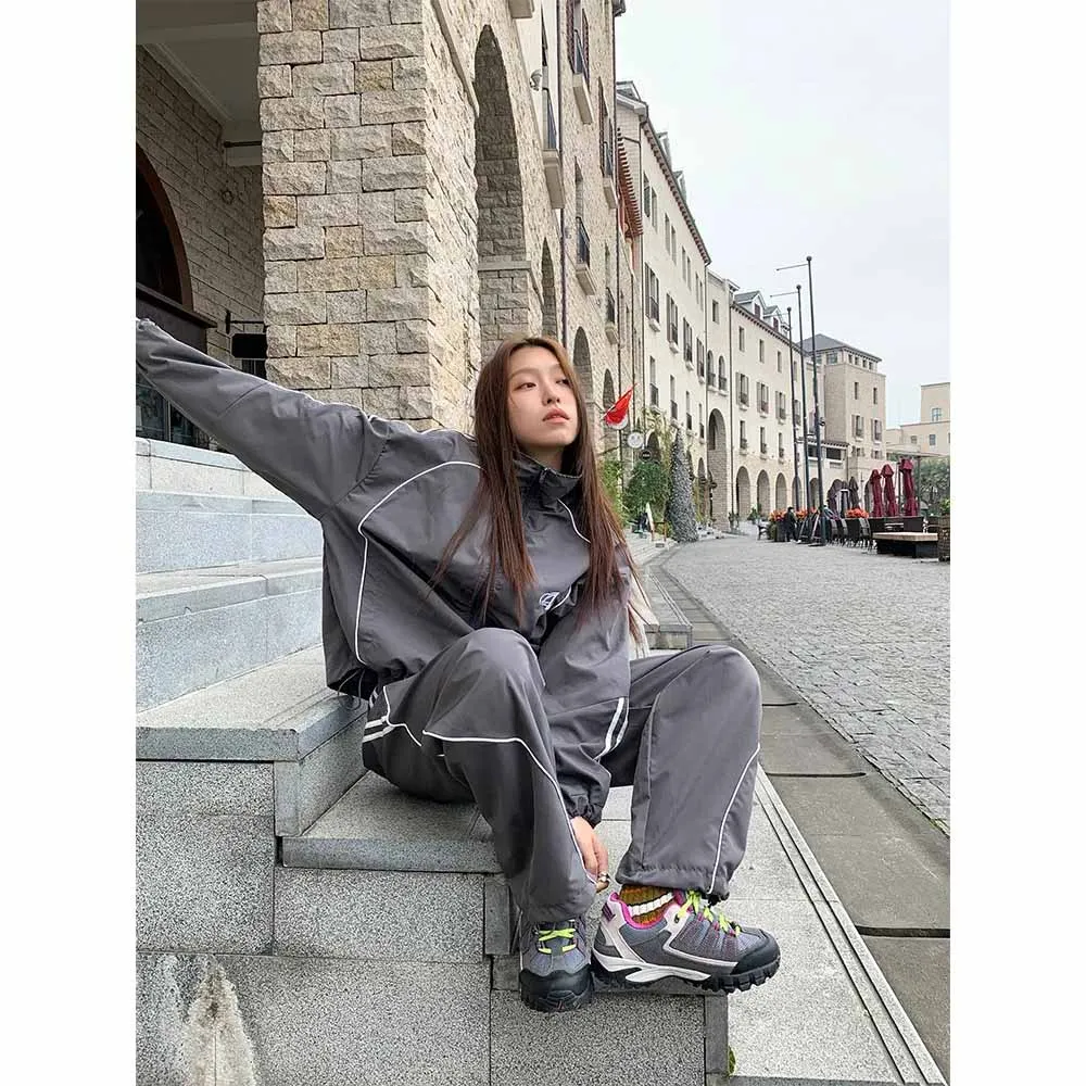 Spring Sports Two-piece Set Women High Street Grey Sport Track Jacket +Loose Sweatpants Ladies Outdoor Joggers Tracksuit Female