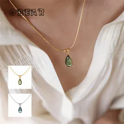 French Clear Green Blue Water Drop Pendant Snake Bone Chain Necklace for Women Stainless Steel Plated 18K Gold  Jewelry
