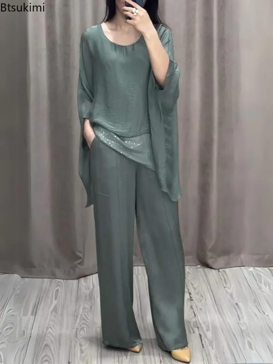 2025 Retro Casual Two Pieces Women\'s Solid Splice Sequin Set O-neck Raglan Short Sleeve Tops and Wide Leg Pants Loose Suit Femme