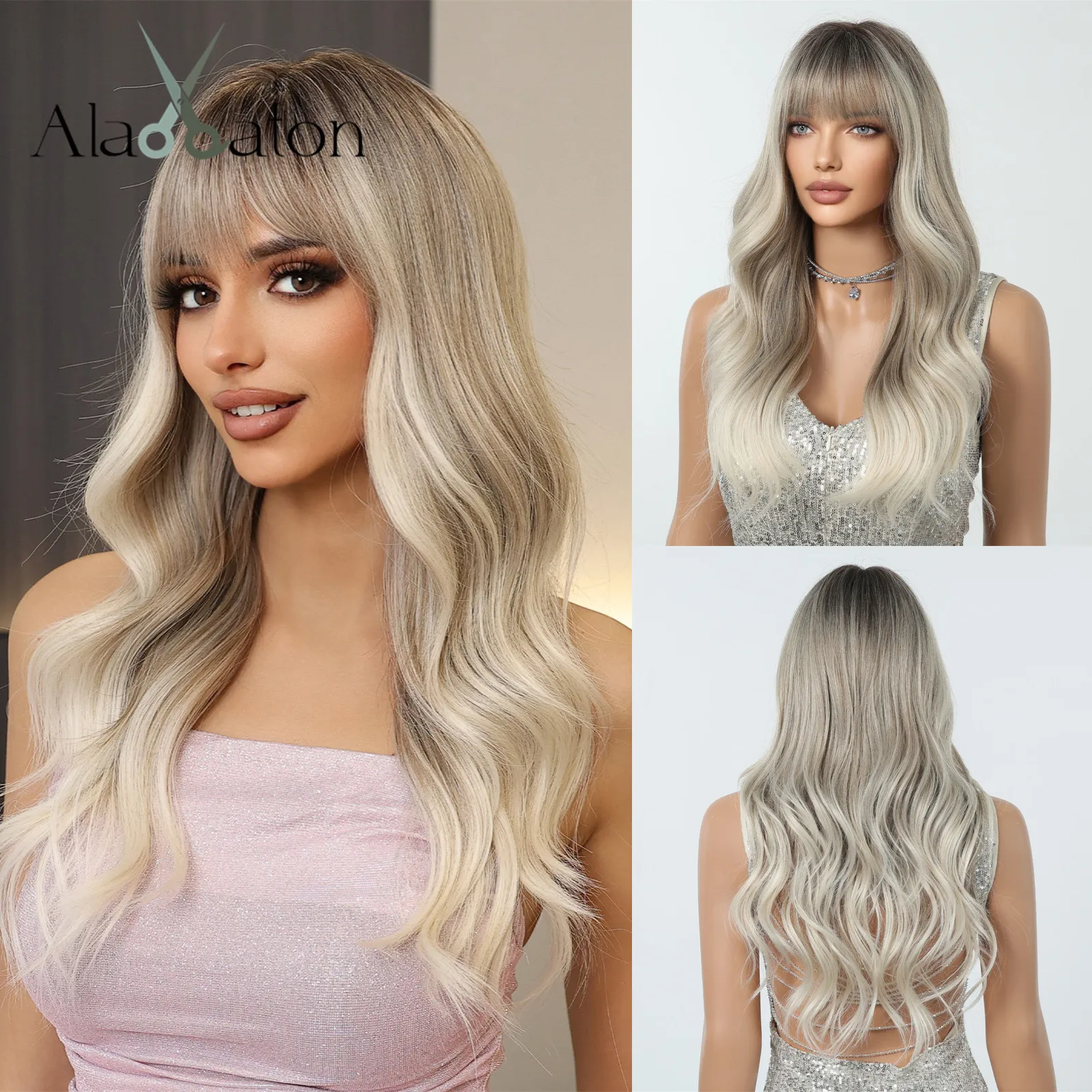 

ALAN EATON Ombre Gray Blonde Synthetic Hair Wigs Long Body Wavy Wig with Bangs Dark Roots Blonde Hair Heat Resistant Natural Wig