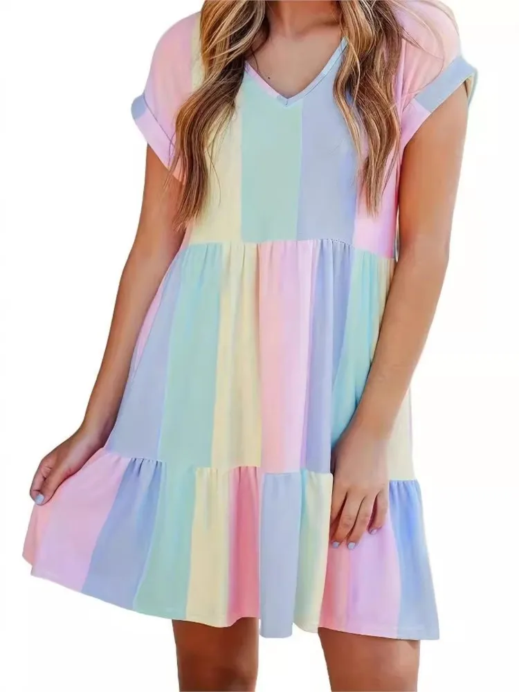 ฤดูร้อนสบายๆ Boho ชุดมินิผู้หญิง 2025 ใหม่แฟชั่น Elegant V คอแขนสั้น Beach Holiday สีสีสันพิมพ์ชุด