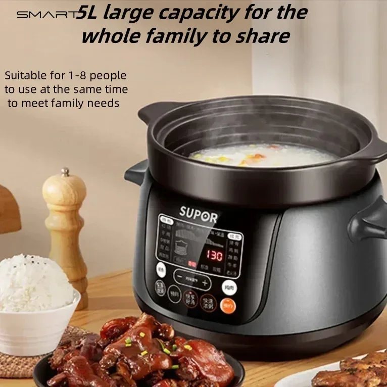 Electric Stew Pot. Home Intelligent Automatic Soup Maker. Electric Casserole with Purple Sand Ceramic Pot Slow Cooker Crock Pan