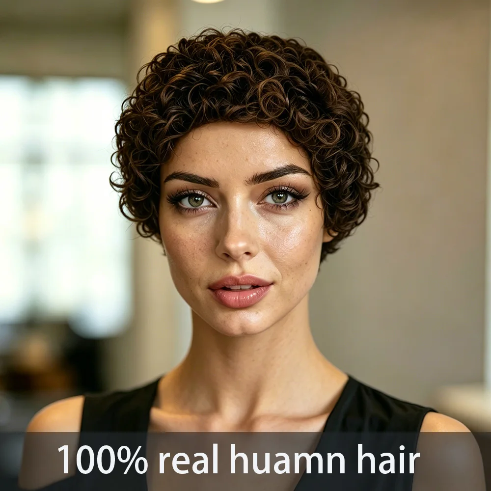 

Short Curly Pixie Cut Human Hair Wig For Women Brazilian Remy Hair 4Inch Dark Brown Curly Human Hair Wigs Full Machine Made Wig