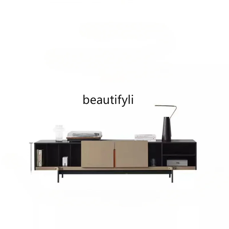 

Italian Minimalist TV Cabinet Living Room Saddle Leather Light Luxury Floor Cabinet Solid Wood TV Stand