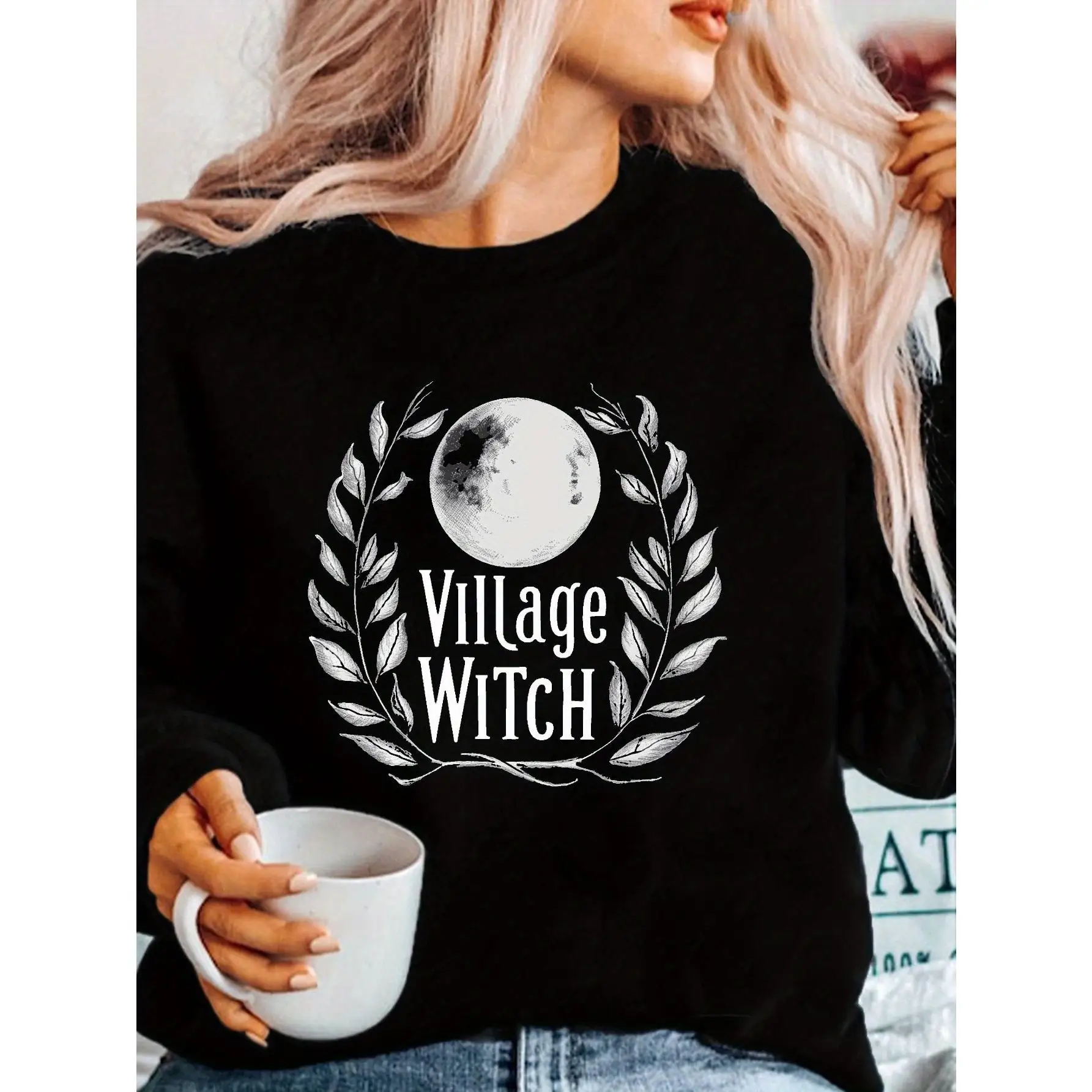 

Halloween Gifts Village Witch Sweatshirt for Women, Gothic Witchcraft Pullover, Vintage Moon Wreath Graphic Long Sleeve Tee Top