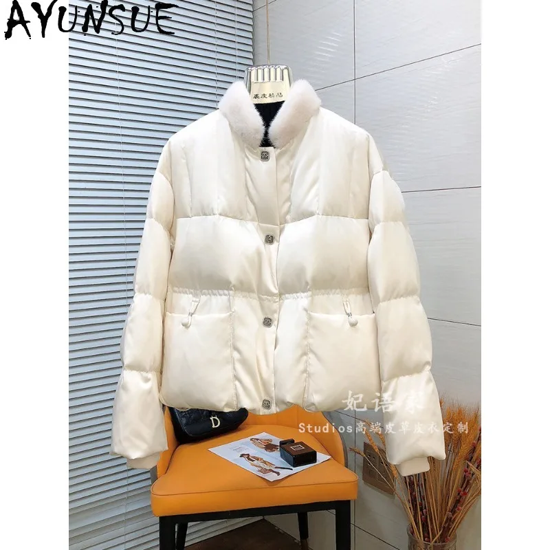 

AYUNSUE Women's White Goose Down Jackets Fashion Commuter Mink Fur Collar Outerwears Short Warm Winter Coats Woman Clothes