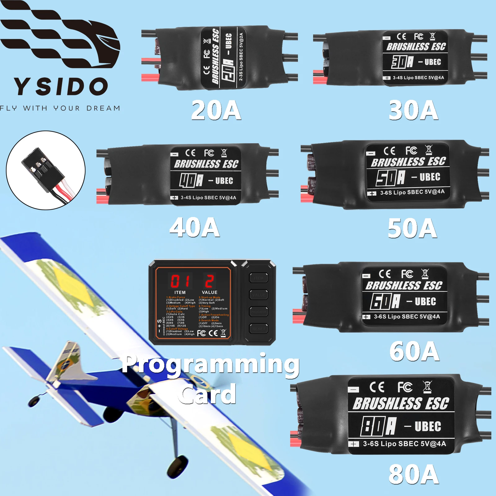 

Бесщеточный регулятор скорости ESC 20A/30A/40A/50A/60A/80A с картой программирования UBEC 2-6S для радиоуправляемого вертолета FPV, квадрокоптера, самолета