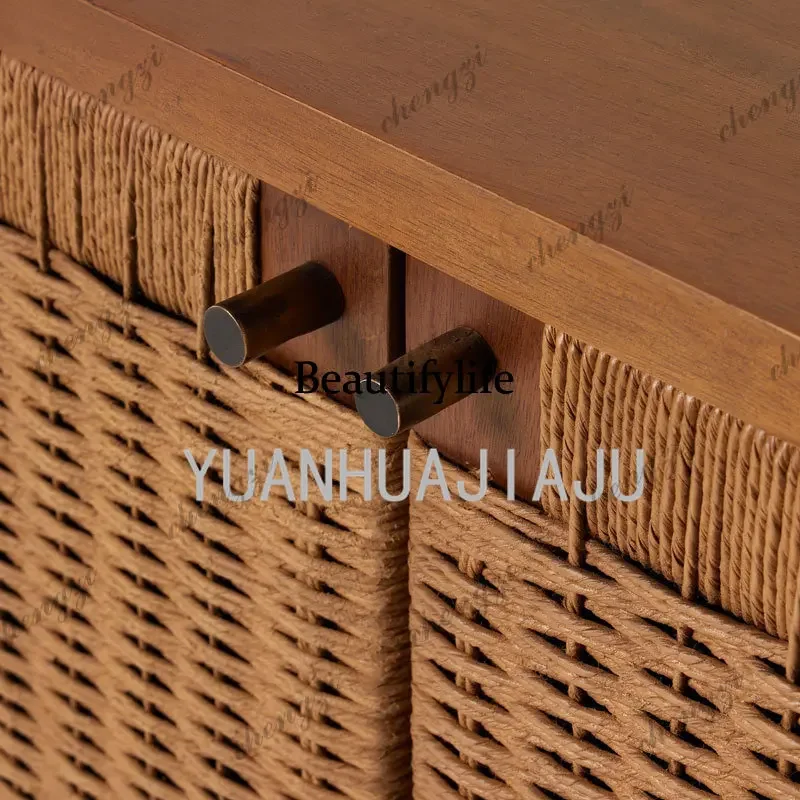 C178French retro solid wood rope woven dining side cabinet, antique living room decoration storage cabinet, ash wood TV cabinet view 5