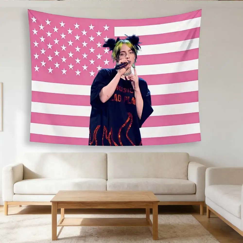 Billie Eilish Pink American Flag Tapestry, Pop Star Concert Wall Banner, Flat Print Bedroom Dorm Decor, Billie Fan Gift