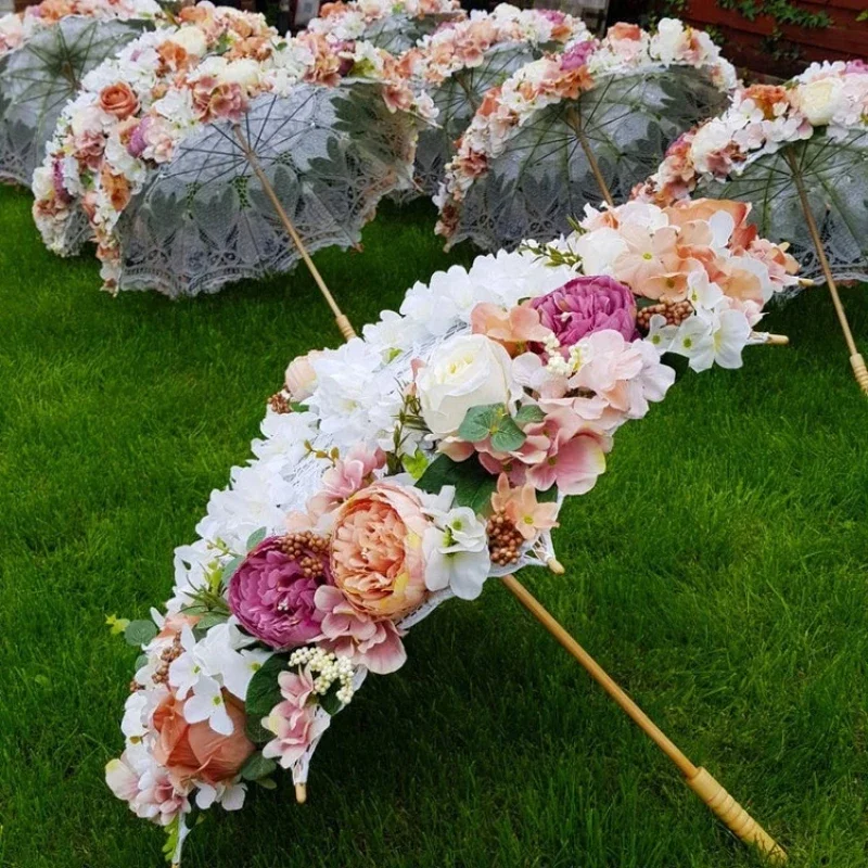 L-FU Customized colorful silk fake rose floral umbrellas shop home wedding decorative artificial flower umbrella