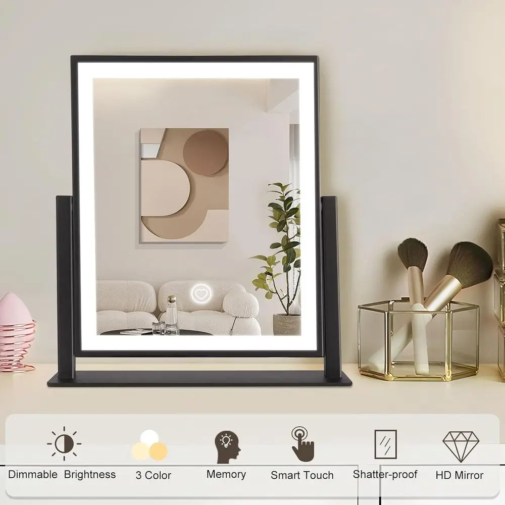 مرآة مكياج بإضاءة LED 15.3 مع تحكم باللمس، 360 درجة ° دوران، 3 أوضاع إضاءة، أسود #3