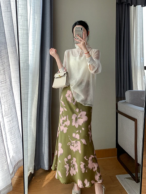 

Spring Floral Print Chiffon Top And Half-length Skirt Set Women's Beautiful Two-piece Long Dress Ensemble Breathable Loose Fit