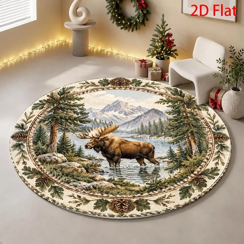 Rustic River Canyon Nature Landscape Round Area Rug Floral Border Pattern Floor Mat Carpet for Living Room  Cozy Home Decor