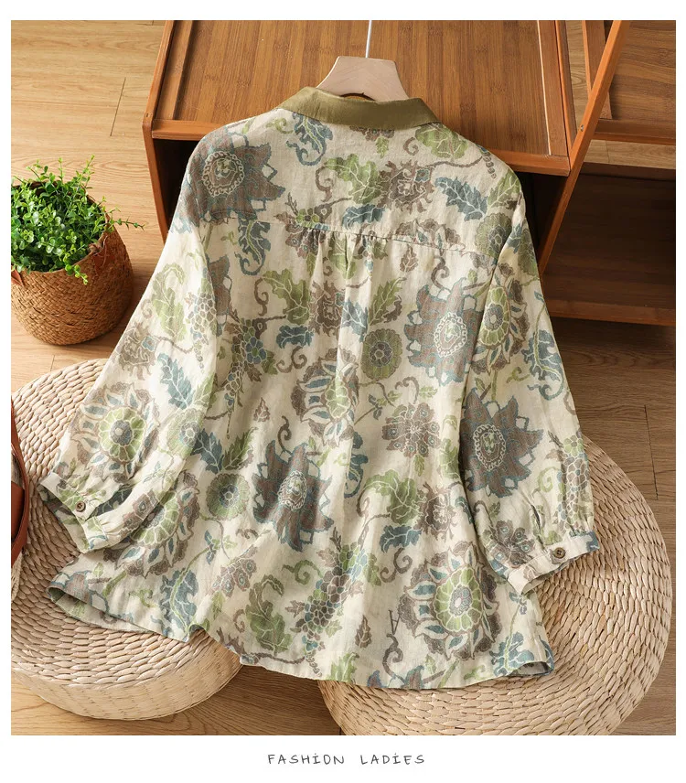 Harajuku Vintage Floral Print Linen Blend Shirt Peter Pan Collar 3/4 Sleeve Button Down Casual Blouse Countryside Garden Tops