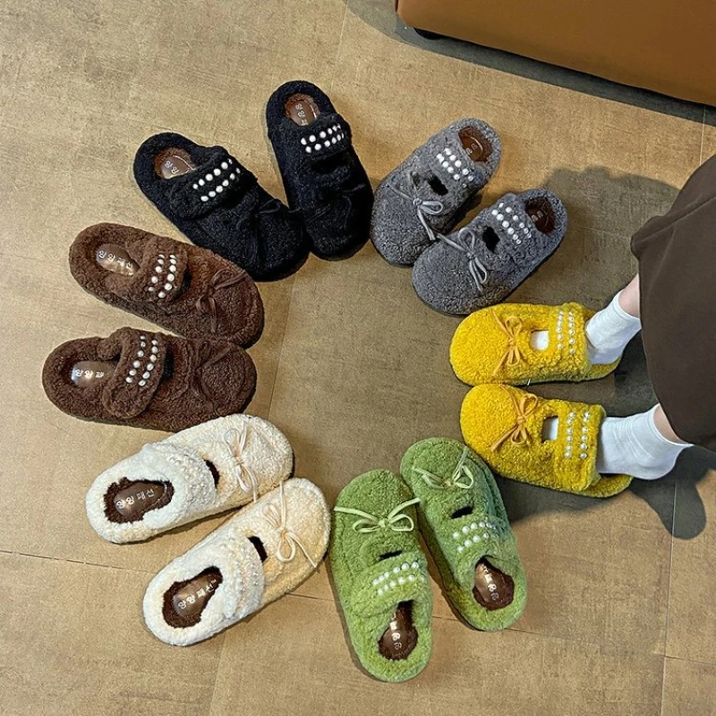 

Уличные женские полутапочки, осень-зима 2022, новые хлопковые тапочки с бантом, увеличивающие рост, удобная нескользящая плюшевая теплая обувь