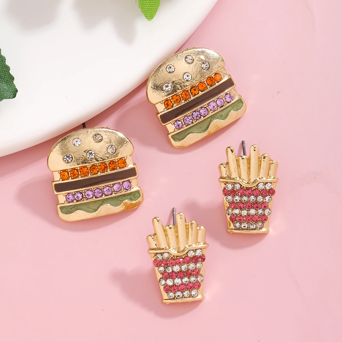 4PCS Creative Hamburger Chips Set Rhinestone Metal Stud Earrings Cute Simple Fast Food Earrings Statement Party Accessory Gifts