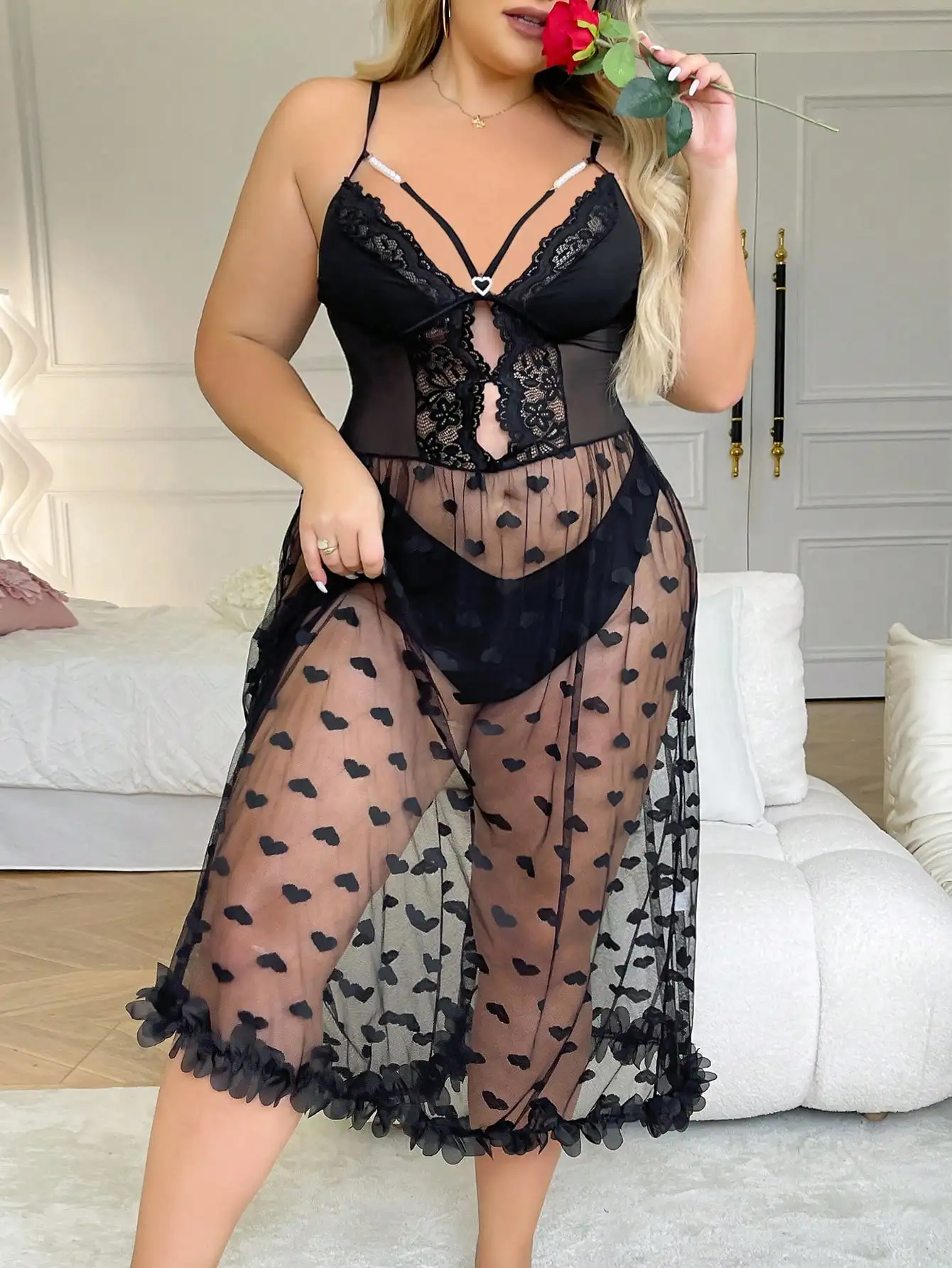 Elegant and sexy plus size printed lace embroidered lace nightgown, erotic nightgown, transparent dress, revealing long skirt