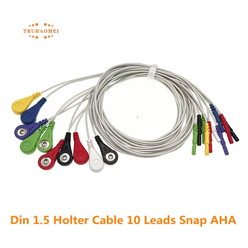 Din 1.5 MM Holter kablo ekg Leadwires 3LD 5LD 7LD 10LD AHA veya Holter kaydedici enstrüman için IEC Snap 4.0