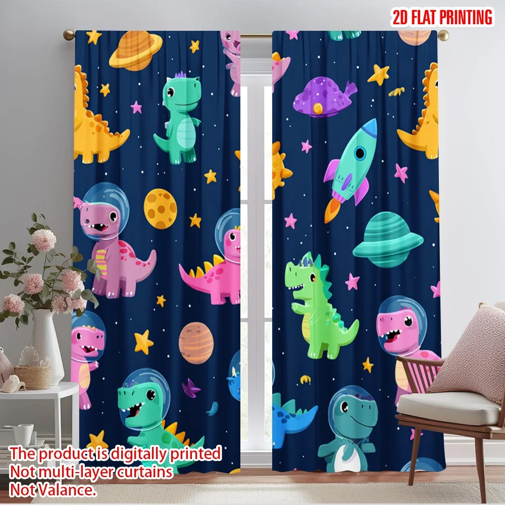 

2pcs 2D flat printing Scene Curtain Cute Dinosaur Space Rocket 100% Polyester Without Electricity Festive Holiday Use for