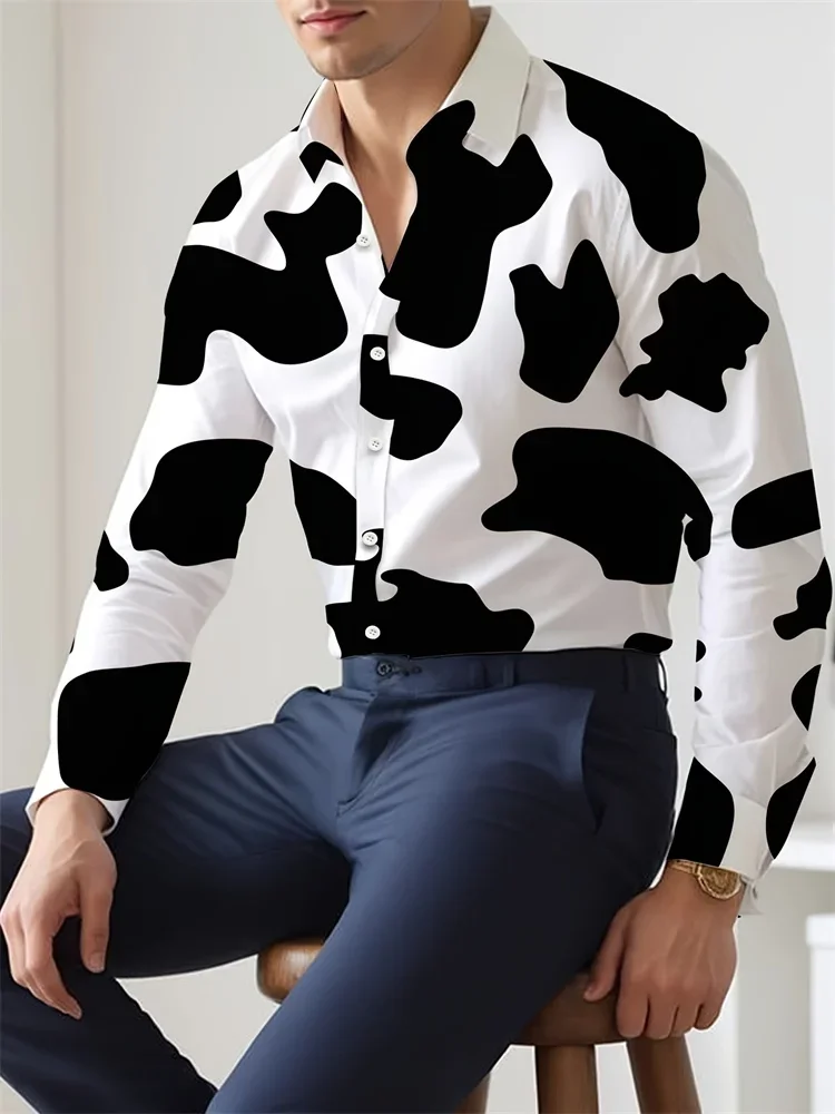 

2025 New Daily Casual Men's Long-sleeved Shirt Urban Street Men's Fashion Lapel Shirt 3D Cow Print Men's Casual Shirt