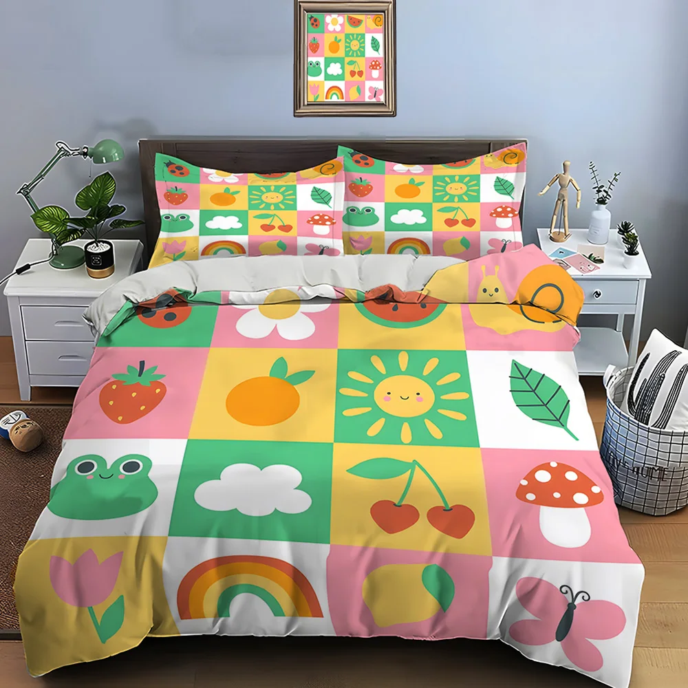 Cartoon animal and plant element grid Bedding Set for Kids Luxury Gift 3pcs Digital Print Comforter Set Comfortable Breathable