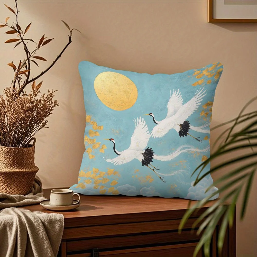 1pc Pillowcase with two flying cranes design, suitable for living room, bedroom, and office (pillow insert not included).